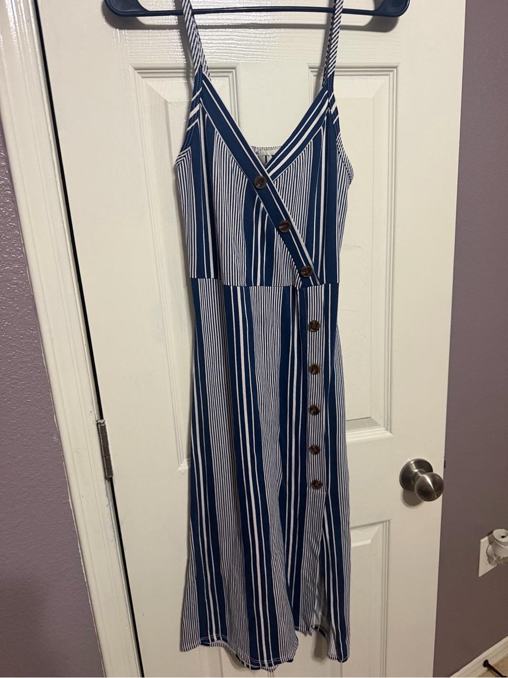 Blue and White Striped Midi Sundress with Front Buttons